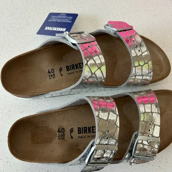 BIRKENSTOCK Arizona Gator Gleam Silver Size 40 US 9 Narrow Fit - Picture 5 of 6